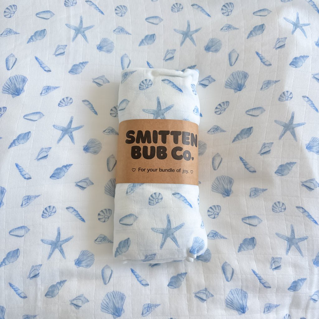 BLUE SEASHELLS | Bamboo Cotton Muslin Swaddle - Smitten Bub Co.