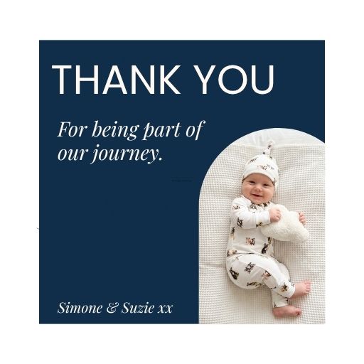 An image of a bay clapping. Text - Thank you for being part of journey. Sione & Suzie xx