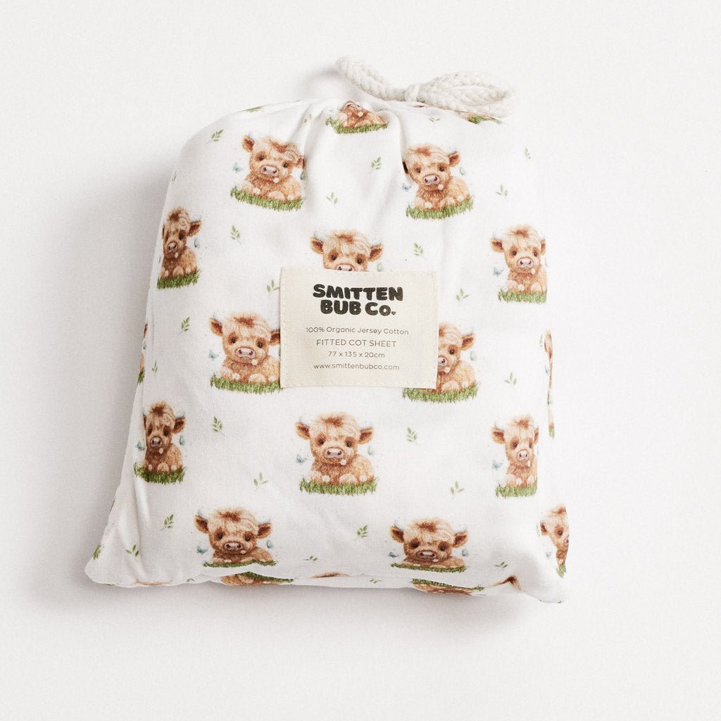 HIGHLAND COW | Fitted Cot Sheet - Smitten Bub Co.