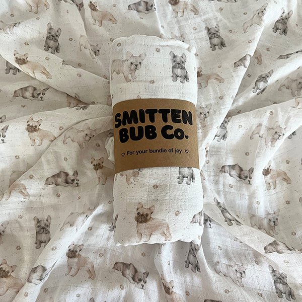 French Bulldog Bamboo Cotton Muslin Wrap - Smitten Bub Co.