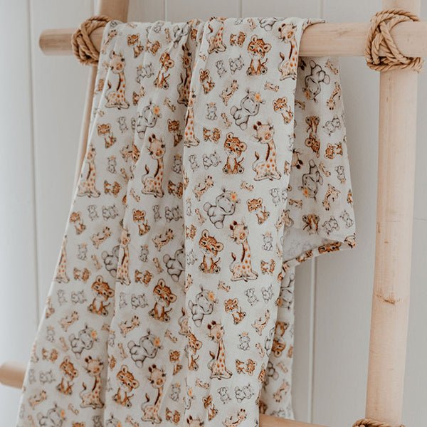 Baby Safari Animals Bamboo Cotton Muslin Wrap - Smitten Bub Co.