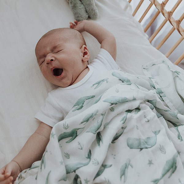 Whales & Turtles Bamboo Cotton Muslin Wrap - Smitten Bub Co.