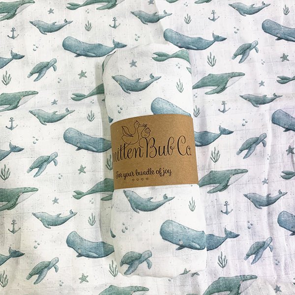 Whales & Turtles Bamboo Cotton Muslin Wrap - Smitten Bub Co.