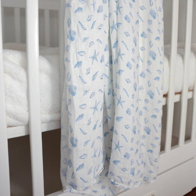 Blue Seashells Bamboo Cotton Muslin Wrap - Smitten Bub Co.