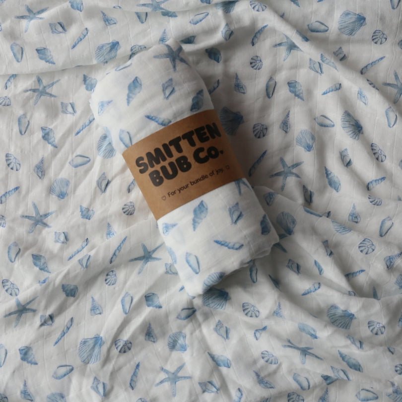 Blue Seashells Bamboo Cotton Muslin Wrap - Smitten Bub Co.