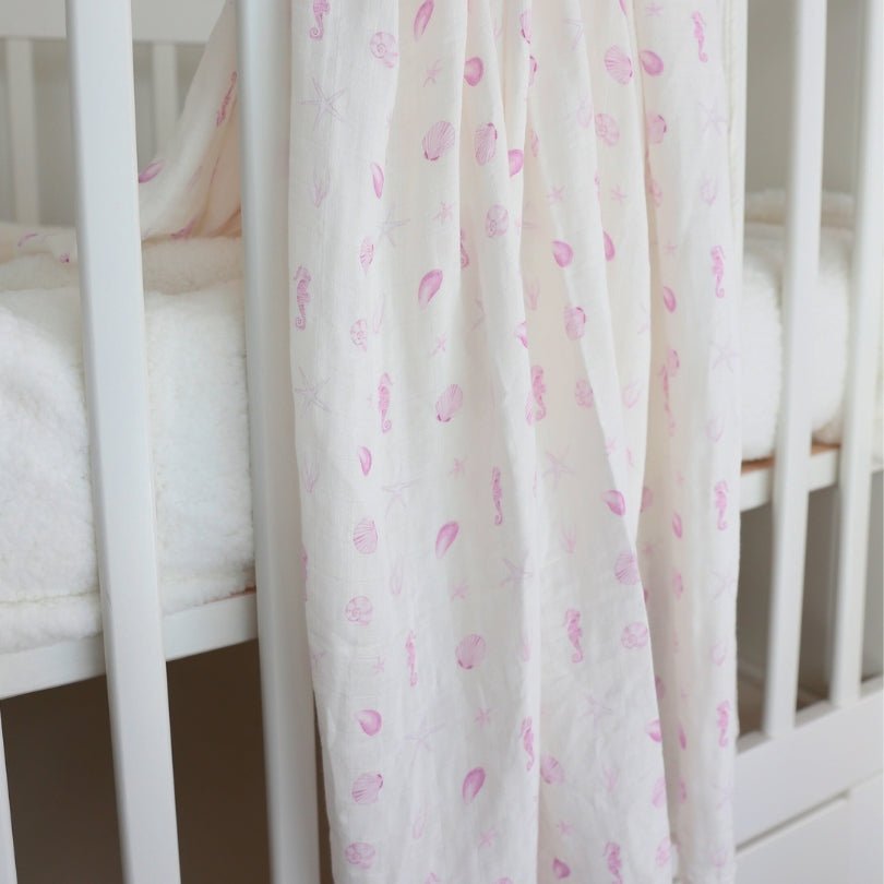 Pink Seashells Bamboo Cotton Muslin Wrap - Smitten Bub Co.