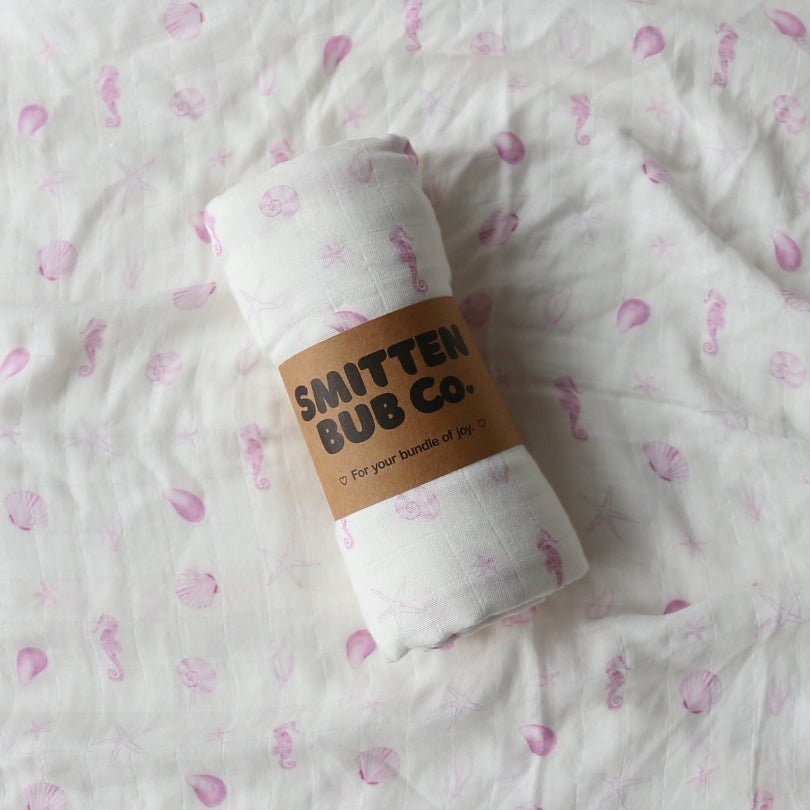 Pink Seashells Bamboo Cotton Muslin Wrap - Smitten Bub Co.