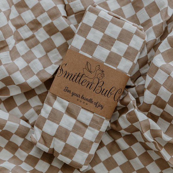 Beige Checkers Bamboo Cotton Muslin Wrap - Smitten Bub Co.