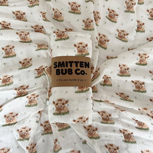 Highland Cow Bamboo Cotton Muslin Wrap - Smitten Bub Co.