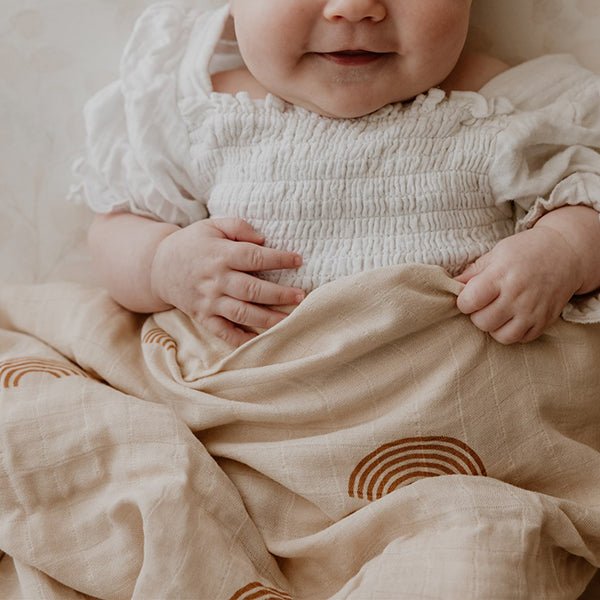 Beige Rainbows Bamboo Cotton Muslin Wrap - Smitten Bub Co.