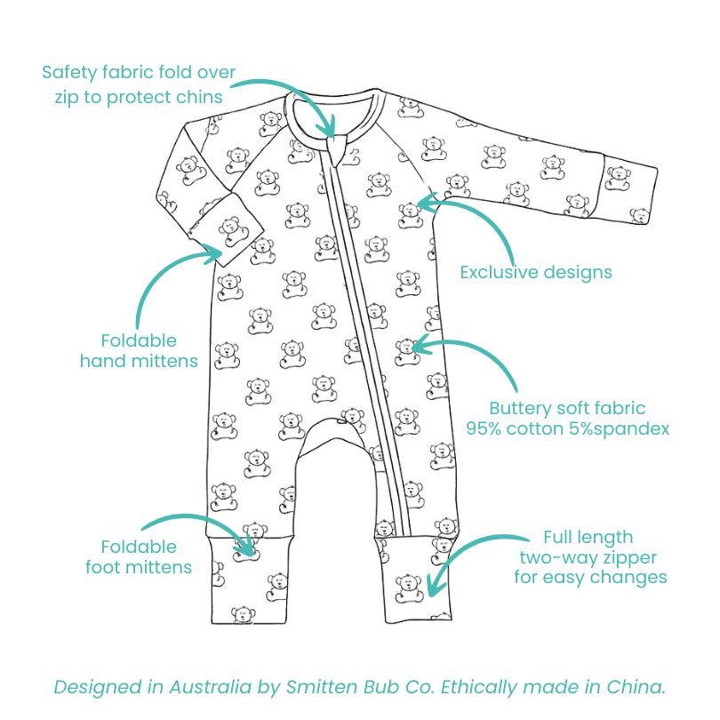 Cavoodle Full Zip Unisex Convertable Growsuit Romper - Smitten Bub Co.