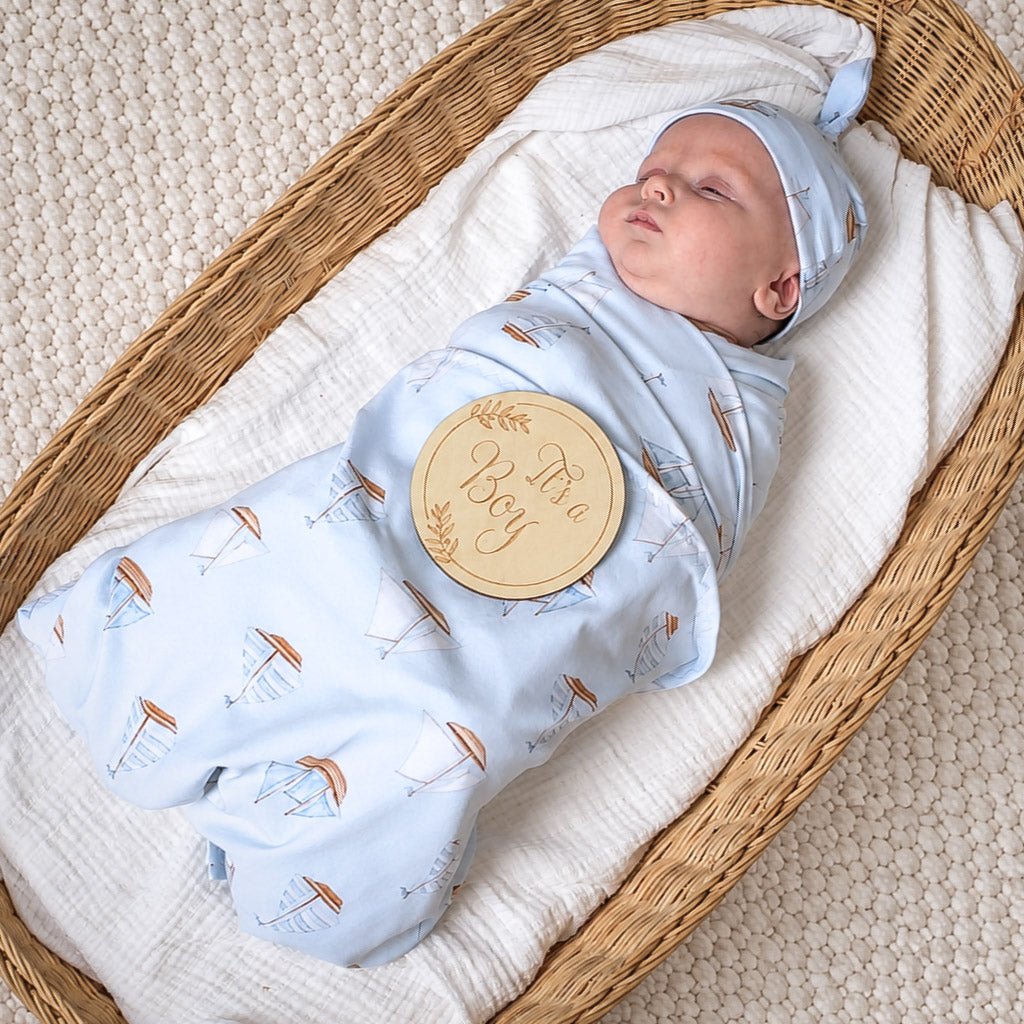BLUE SAIL BOAT | Jersey Swaddle Beanie Set - Smitten Bub Co.