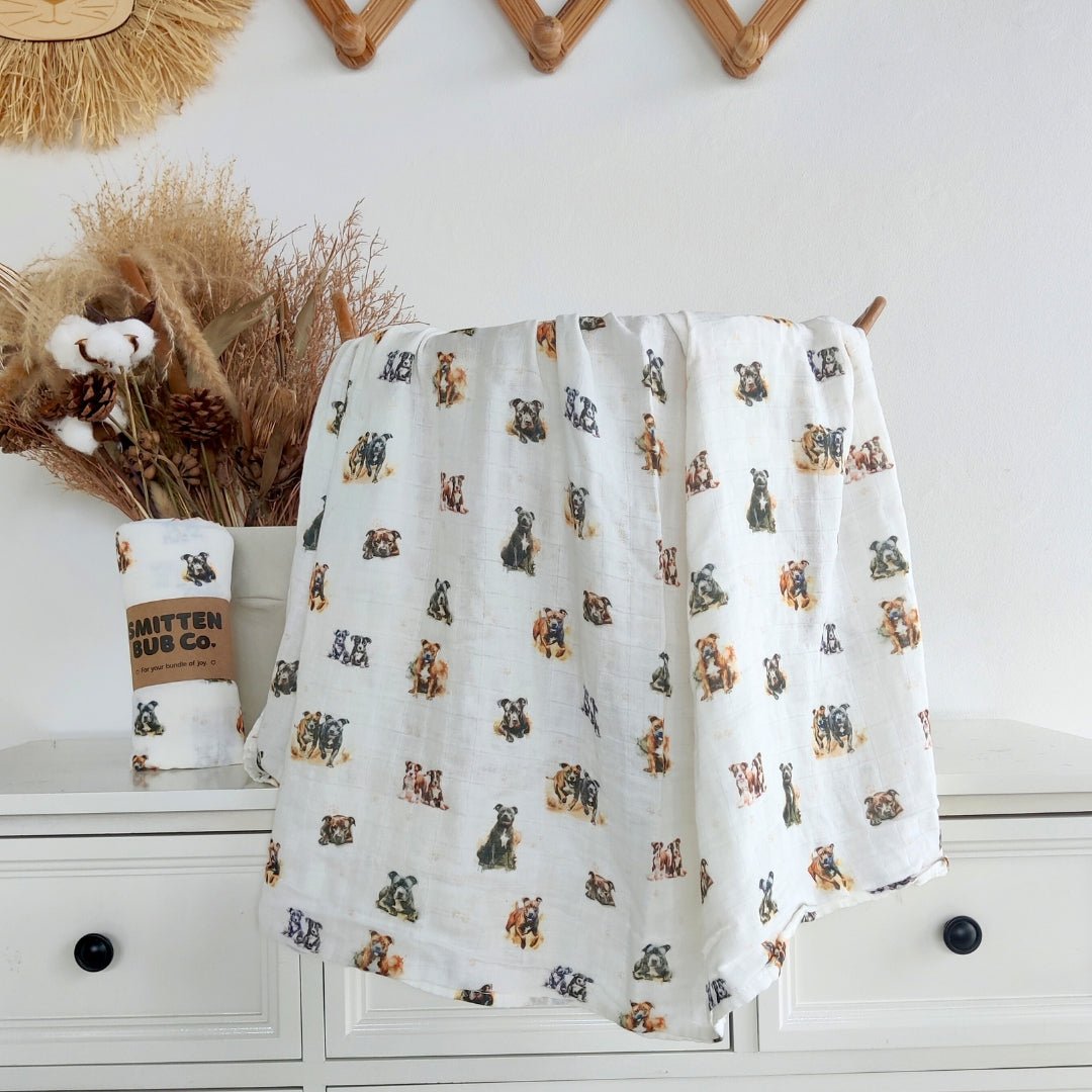 Staffy Bamboo Cotton Muslin Wrap | LIMITED AVAILABILITY - Smitten Bub Co.