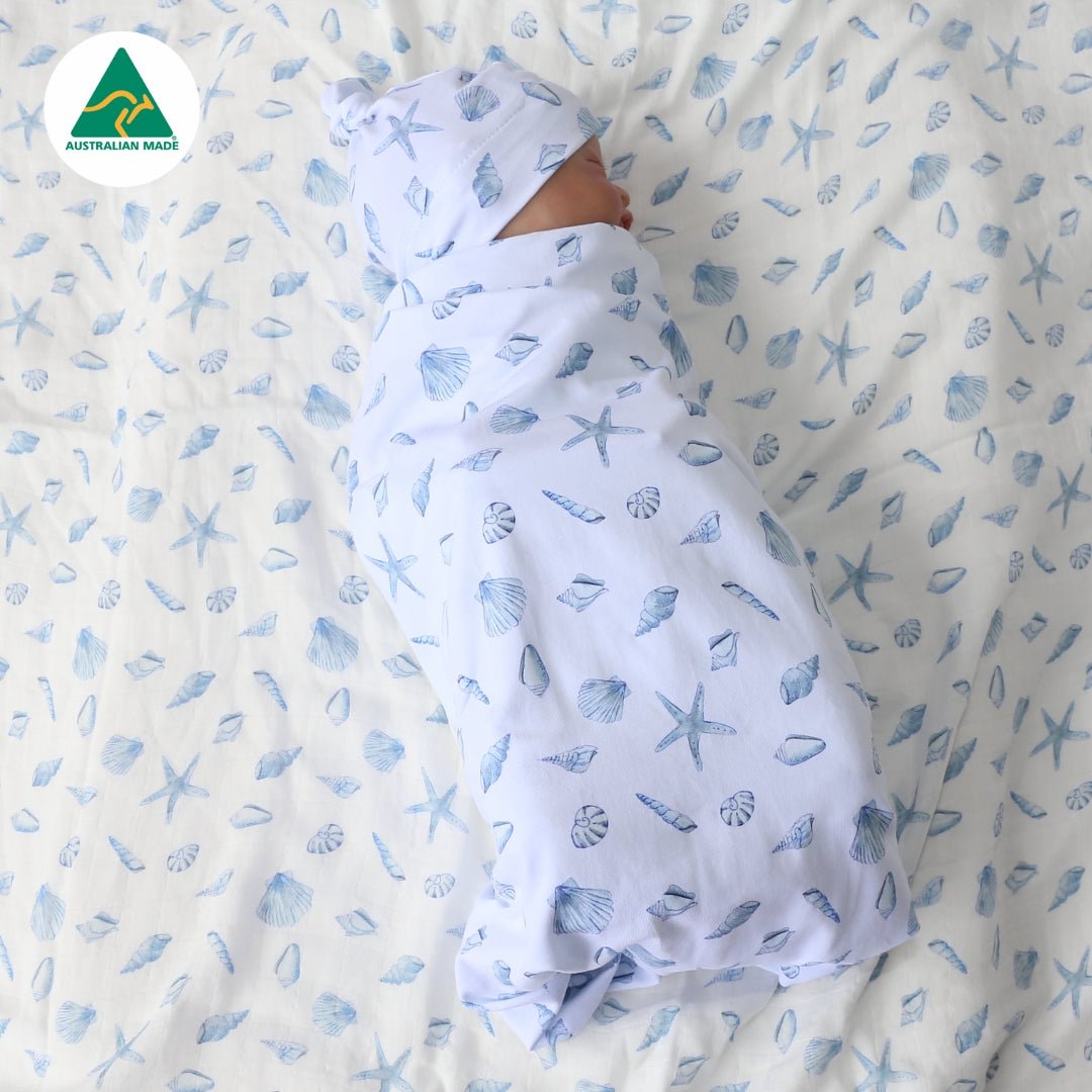 Blue Seashells Swaddle Set - Smitten Bub Co.