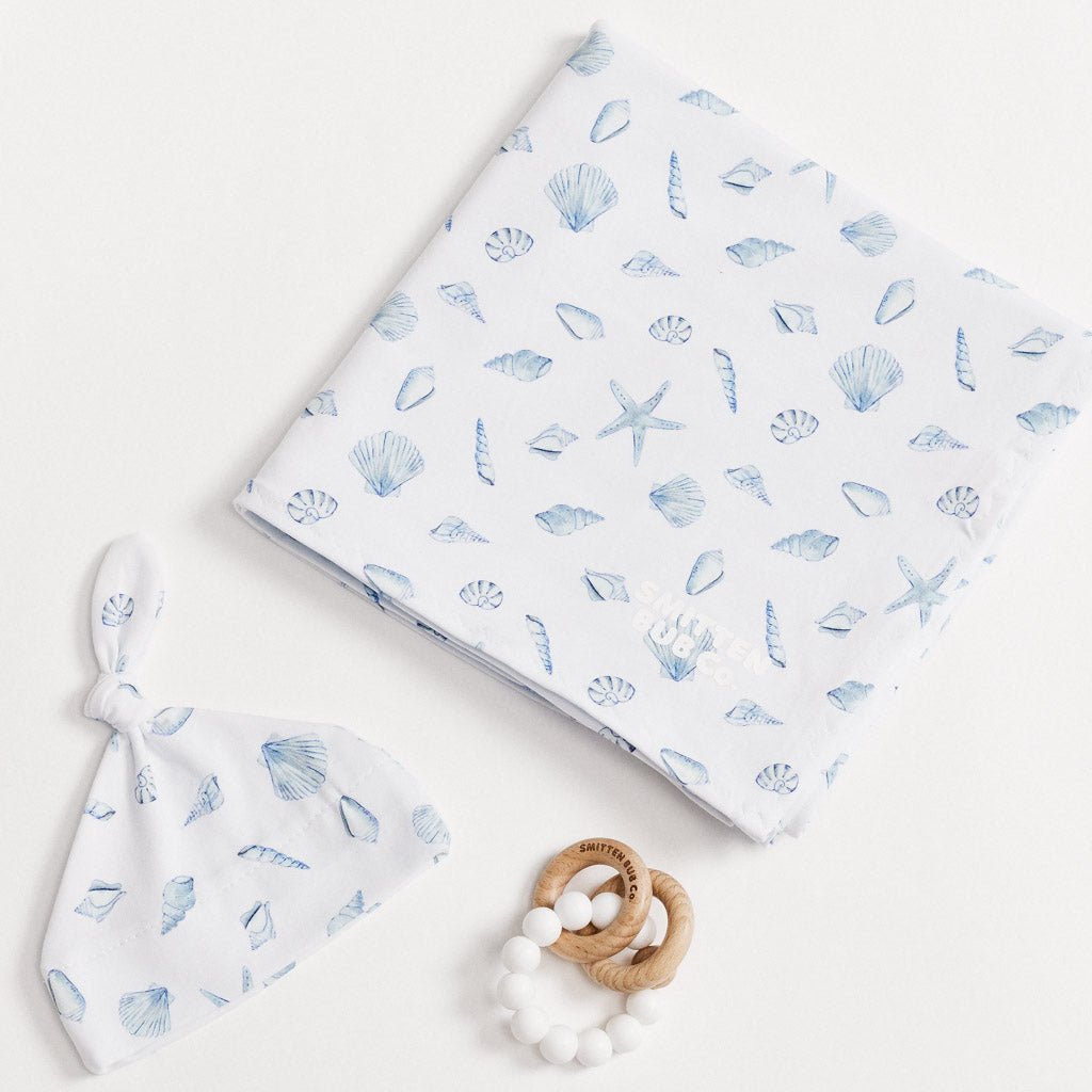 BLUE SEASHELLS | Jersey Swaddle Wrap Set - Smitten Bub Co.