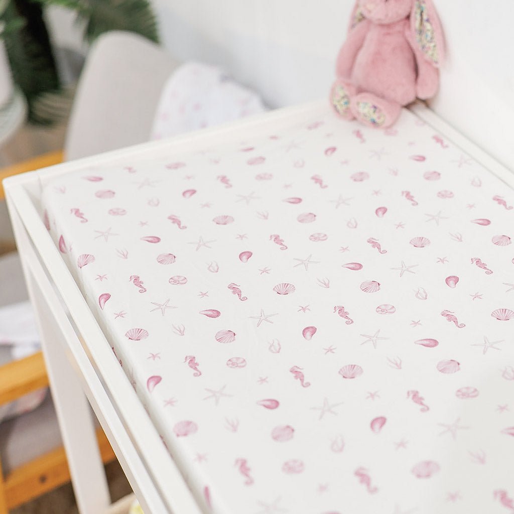 PINK SEASHELLS | Bassinet Sheet / Change Mat Cover - Smitten Bub Co.