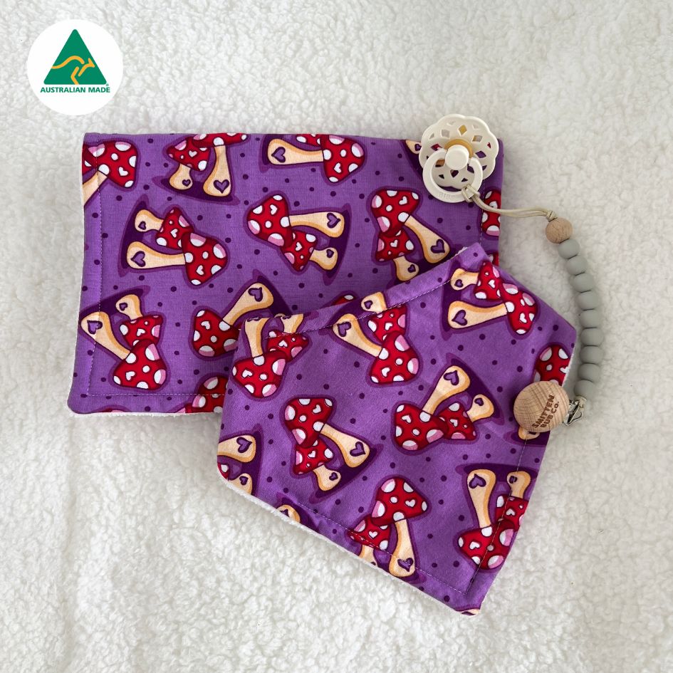 Toadstool Hearts Burp Cloth & Bib Bundle - LIMITED EDITION - Smitten Bub Co.