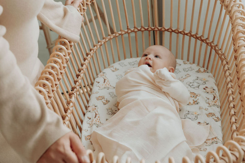 Baby lying in a bassinet looking up at mum