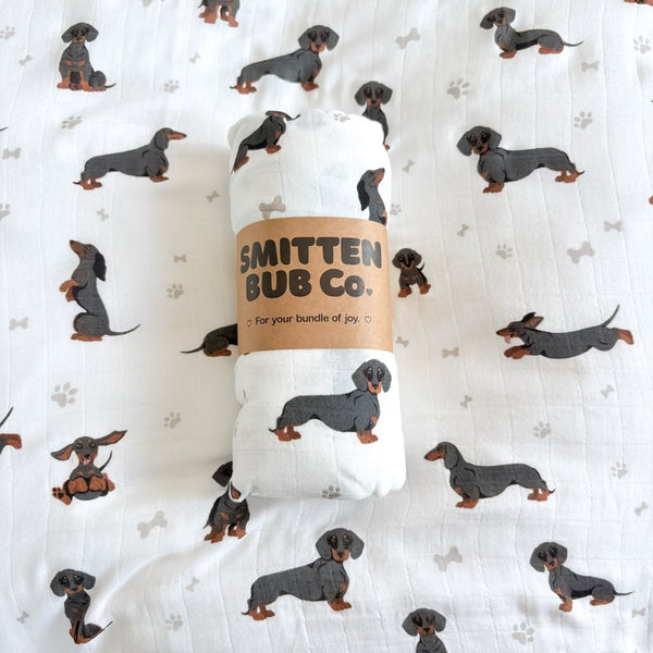 DACHSHUND | Bamboo Cotton Muslin Swaddle - Smitten Bub Co.