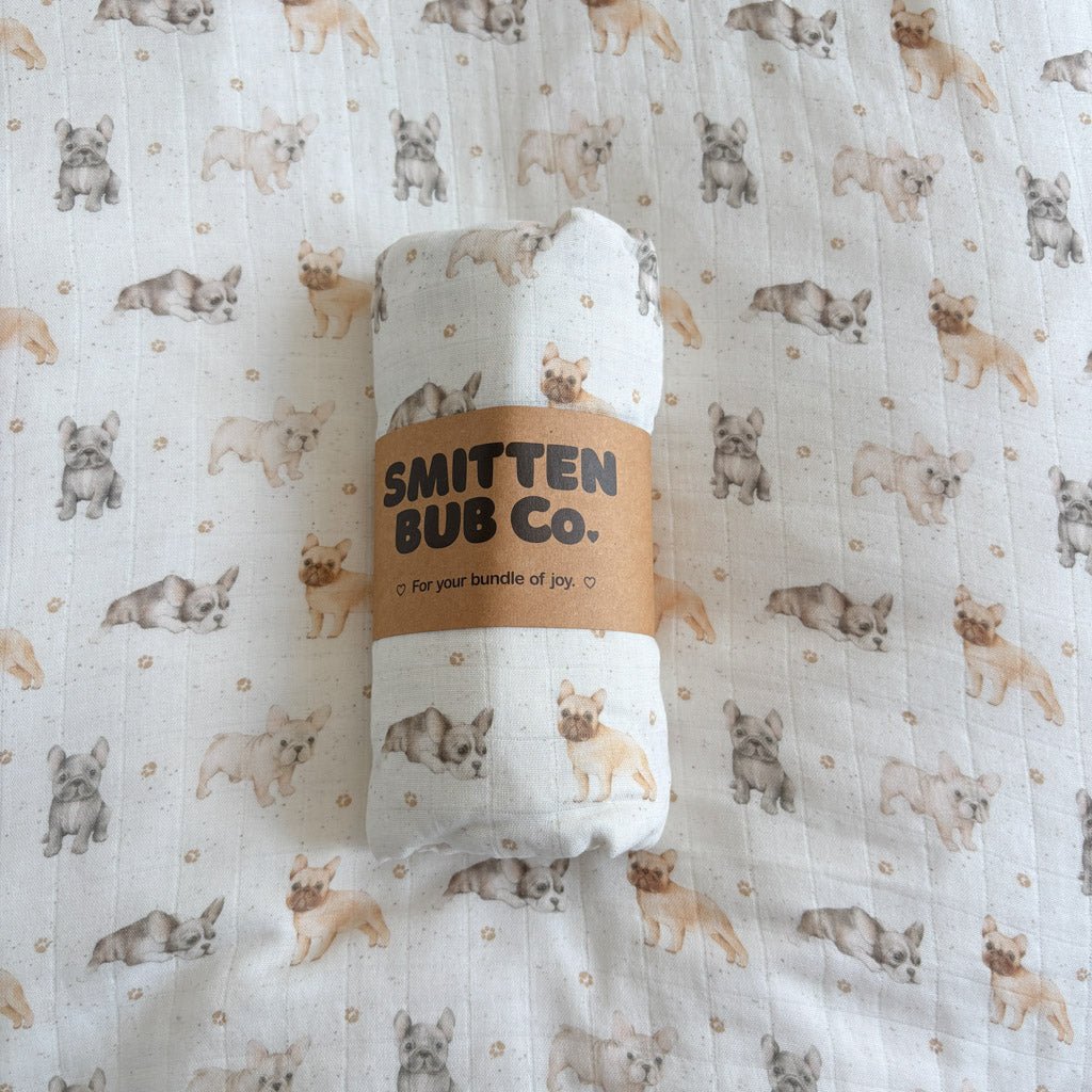FRENCH BULLDOG | Bamboo Cotton Muslin Swaddle - Smitten Bub Co.