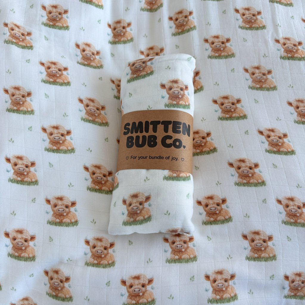 HIGHLAND COW | Bamboo Cotton Muslin Swaddle - Smitten Bub Co.