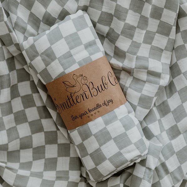 Grey Checkers Bamboo Cotton Muslin Wrap - Smitten Bub Co.