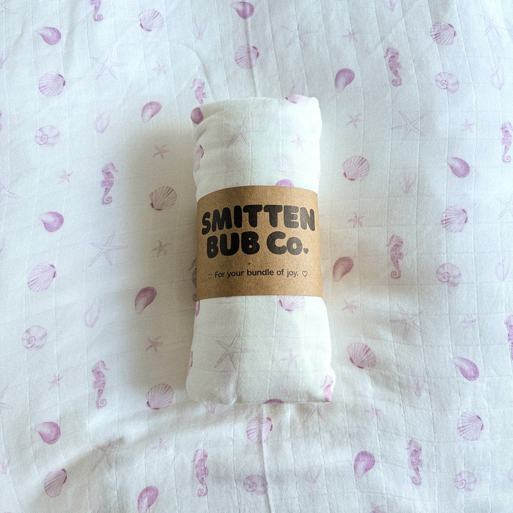 PINK SEASHELLS | Bamboo Cotton Muslin Swaddle - Smitten Bub Co.