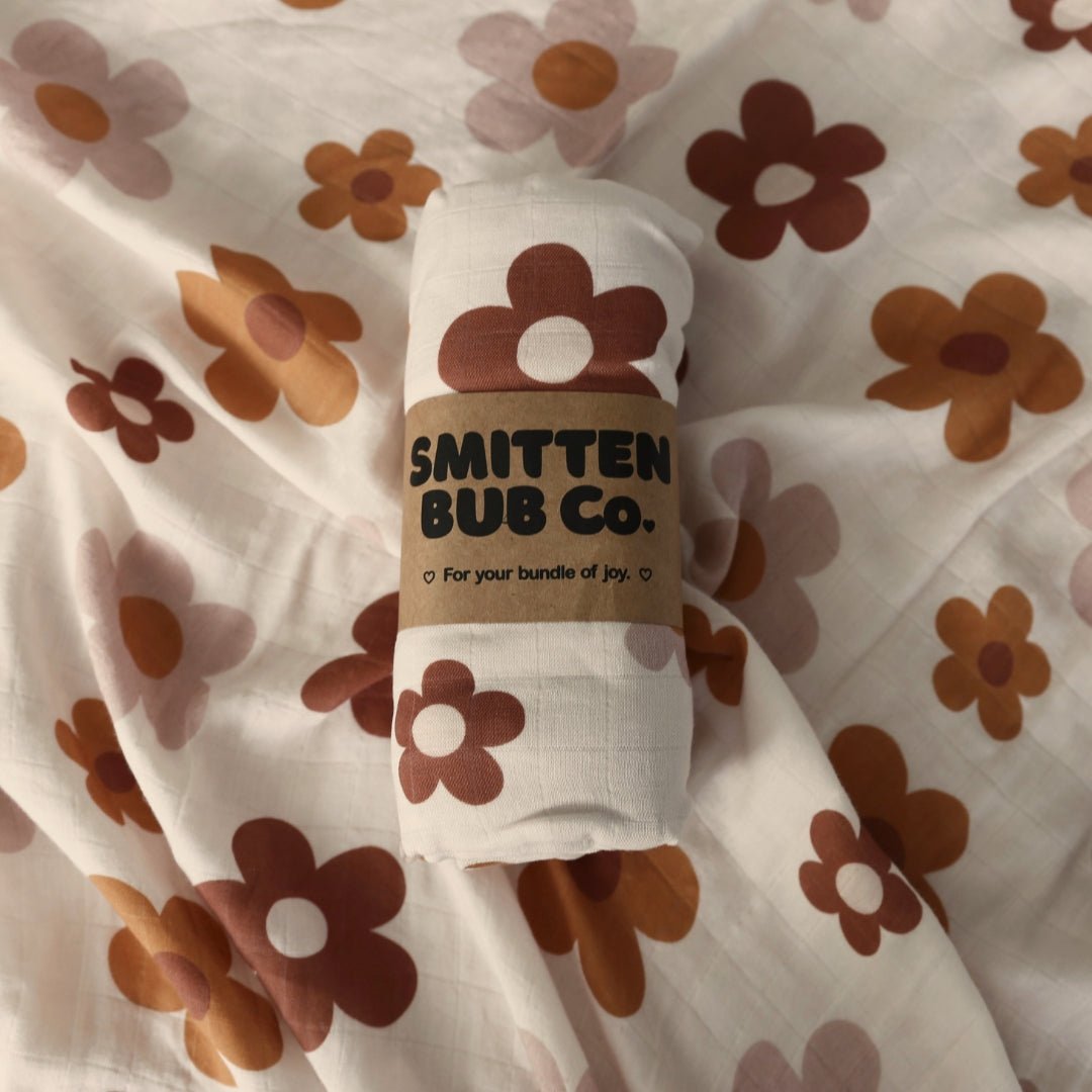 Retro Flowers Bamboo Cotton Muslin Wrap - Smitten Bub Co.