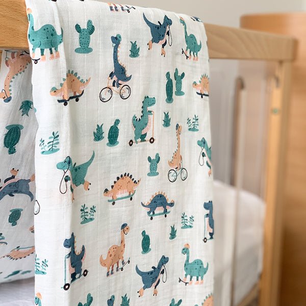 Dinos On The Move Bamboo Muslin Wrap - Smitten Bub Co.