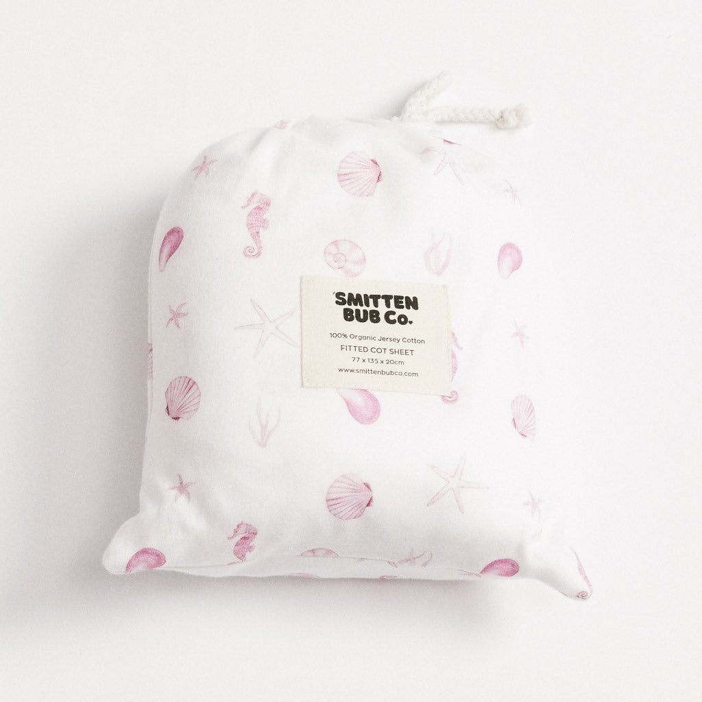 PINK SEASHELLS | Fitted Cot Sheet - Smitten Bub Co.