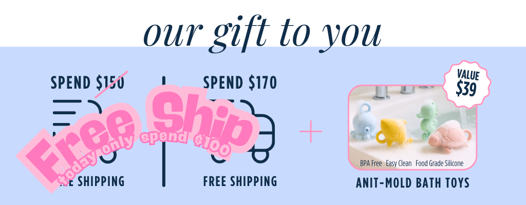 Promotional graphic with free shipping offers and an image of bath toys on a blue background.