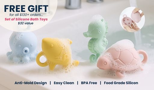 Baby Anti-mold bath toys promotional text for a free gift offer.