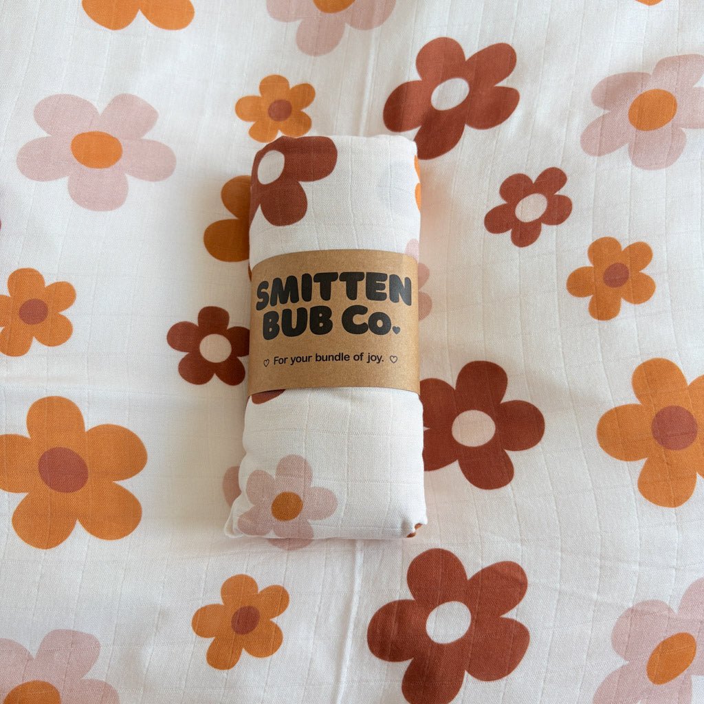 RETRO FLOWERS | Bamboo Cotton Muslin Swaddle - Smitten Bub Co.
