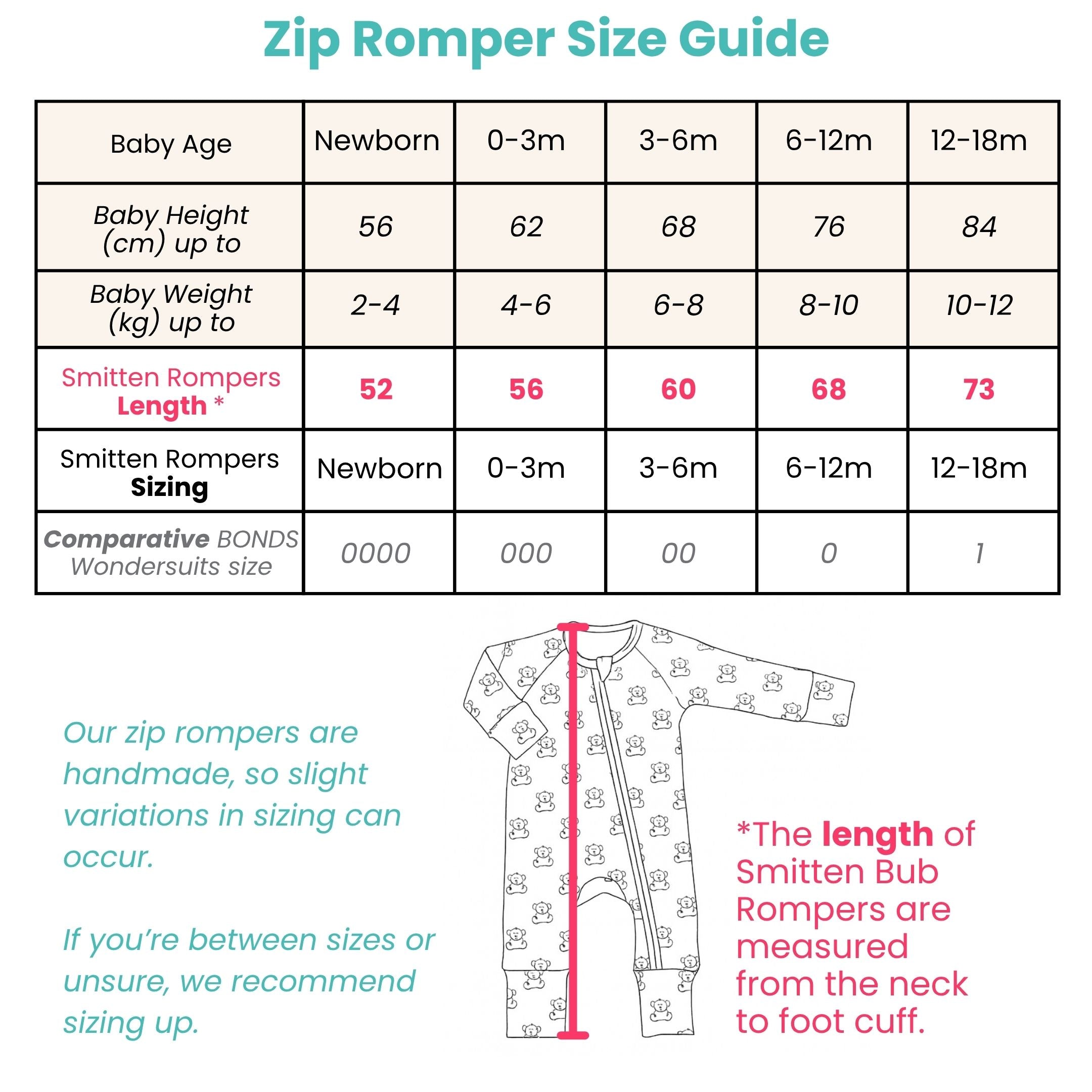 Size chart for Full Zip Unisex Romper - Smitten Bub Co.