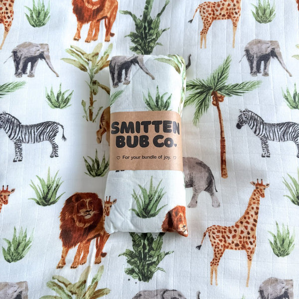 SAFARI ANIMALS | Bamboo Cotton Muslin Swaddle - Smitten Bub Co.