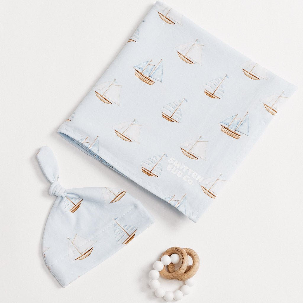BLUE SAIL BOAT | Jersey Swaddle Beanie Set - Smitten Bub Co.