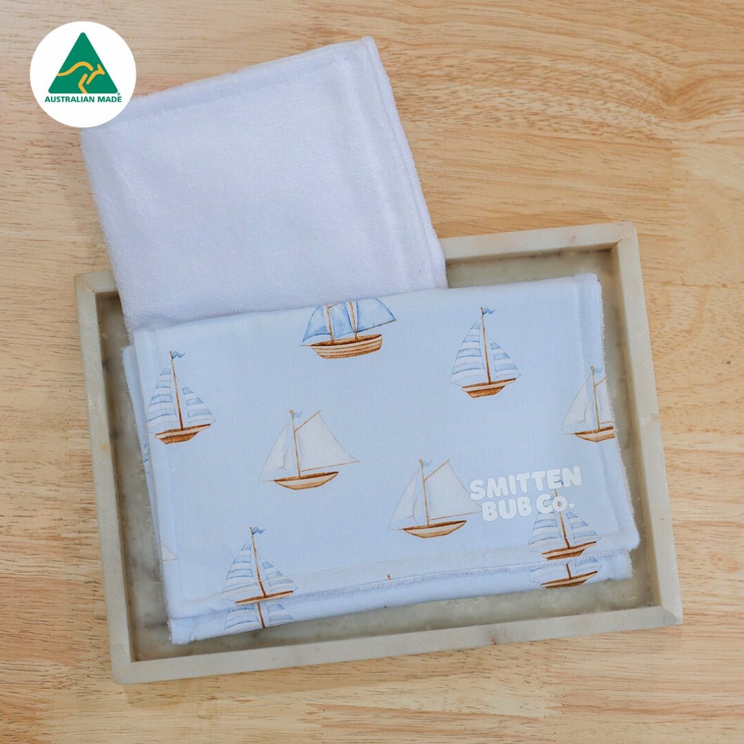 Blue Sail Boats Burp Cloth - Smitten Bub Co.