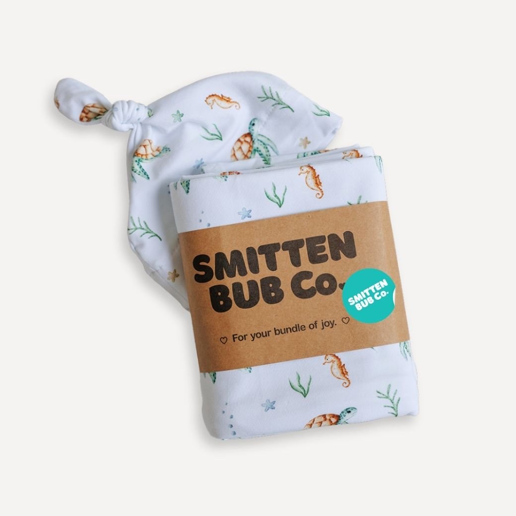 GREEN SEA TURTLE | Jersey Swaddle Beanie Set - Smitten Bub Co.
