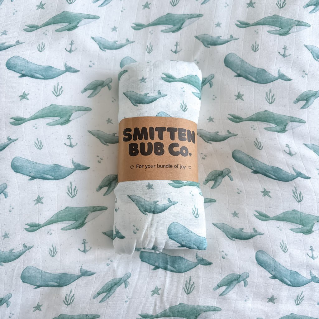 Smitten Turtle DOLPHINS, WHALES & TURTLES | Bamboo Cotton Muslin Swaddle – Smitten Bub Co.