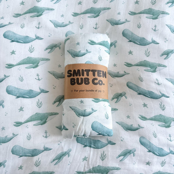 DOLPHINS, WHALES & TURTLES | Bamboo Cotton Muslin Swaddle - Smitten Bub Co.
