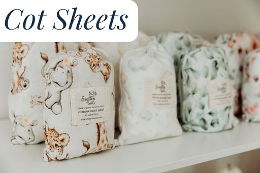 Cot sheets sitting on a shelf
