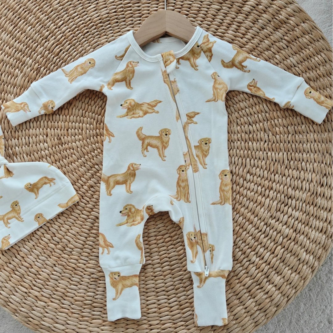 Organic Cotton Golden Retriever Zip Romper - LIMITED EDITION - Smitten Bub Co.